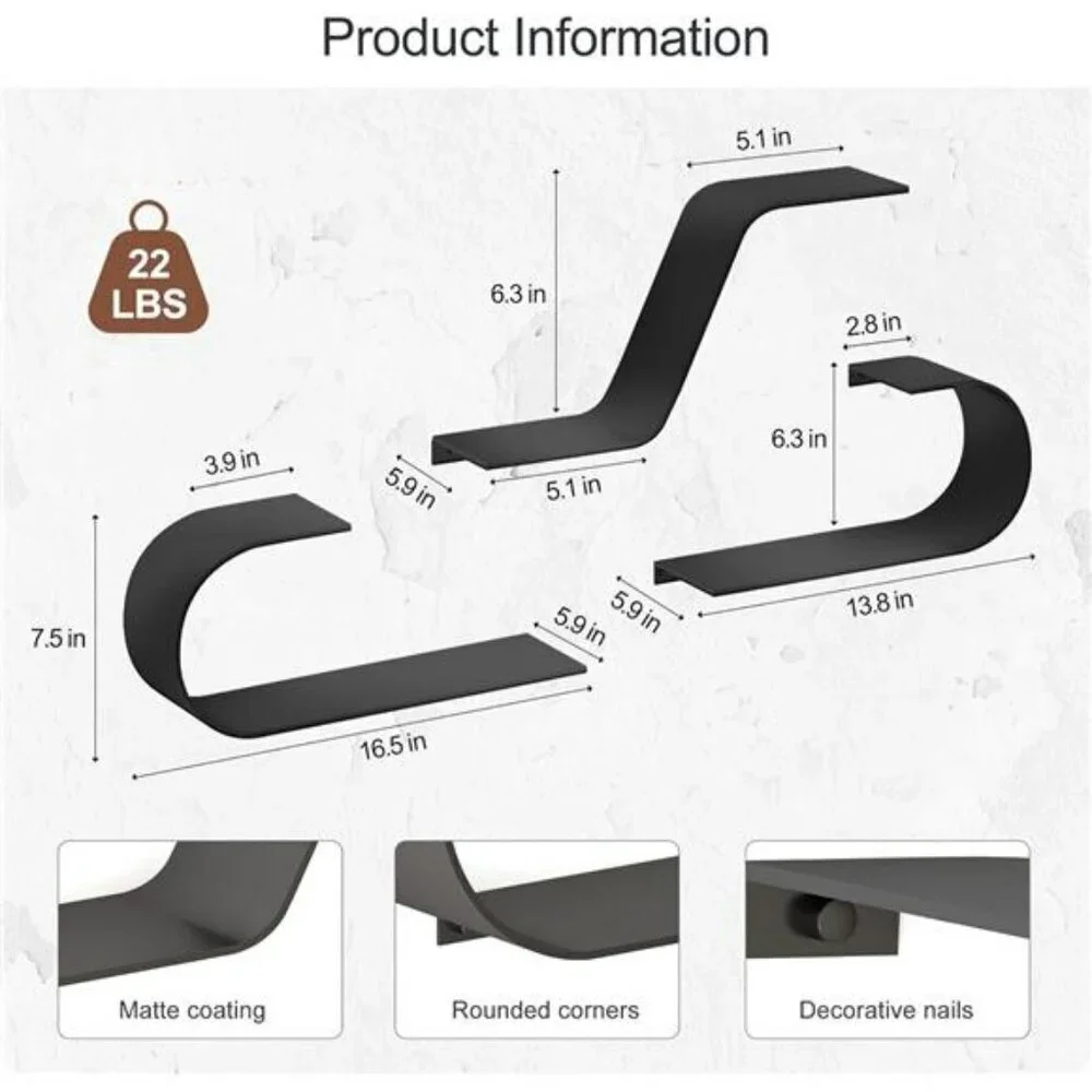Black Metal Floating Shelves Set of 3 Wall Mounted Shelf for Home Decor